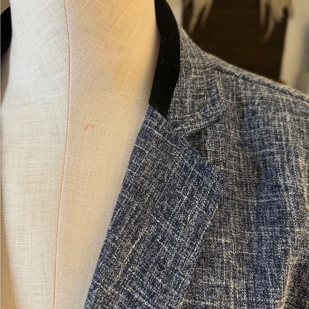 Boutique Tweed Blazer Navy Black Velvet Trim Tailored Career Jacket Size 6